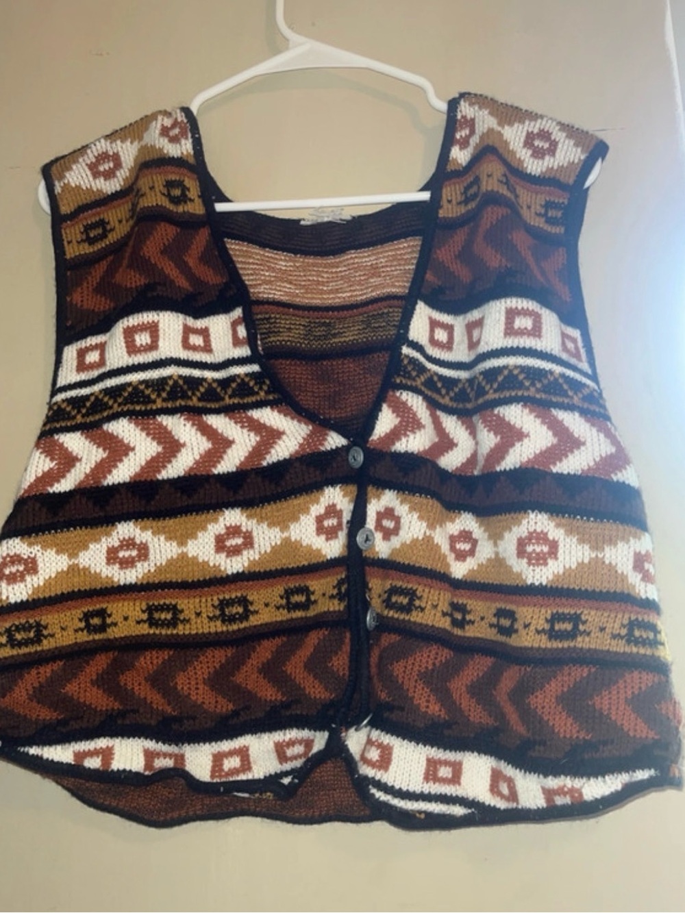 Geometric Knit Vest Cardigan - Brown Multi